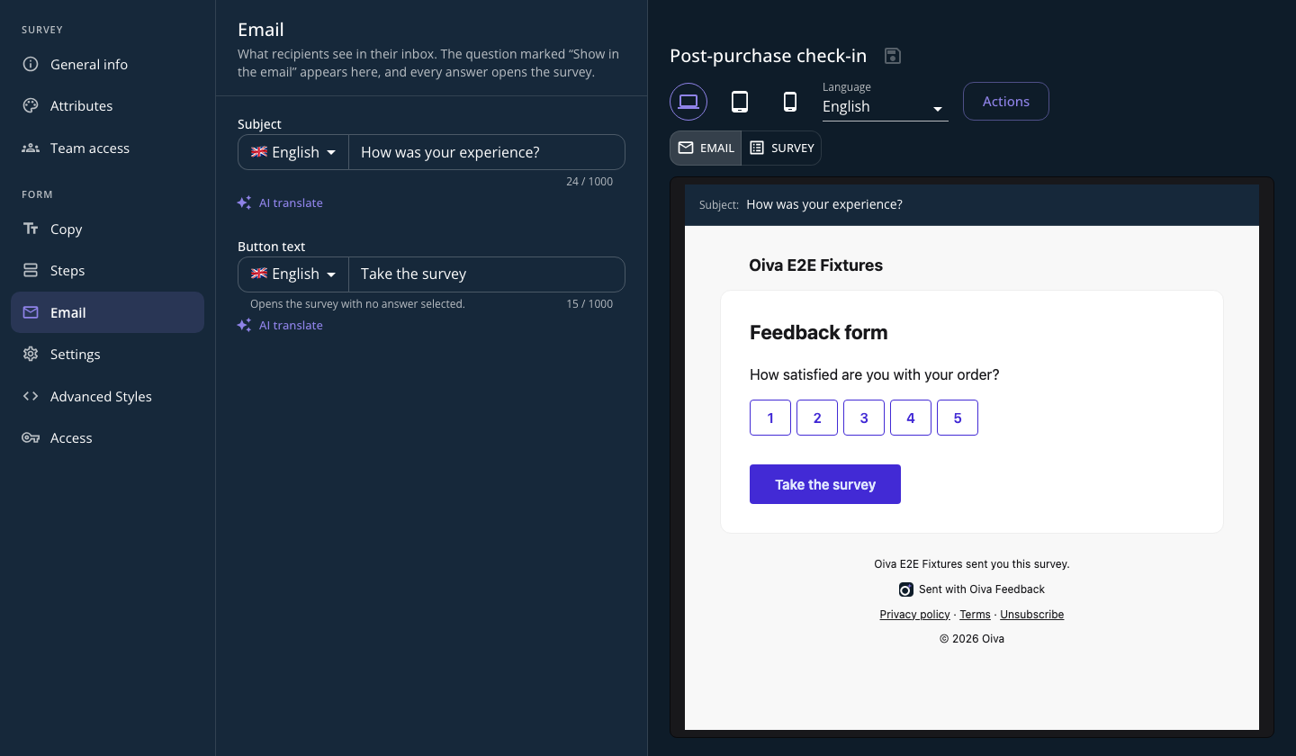 The Email tab of the survey editor: subject and button text on the left, a preview of the email with a rating question on the right
