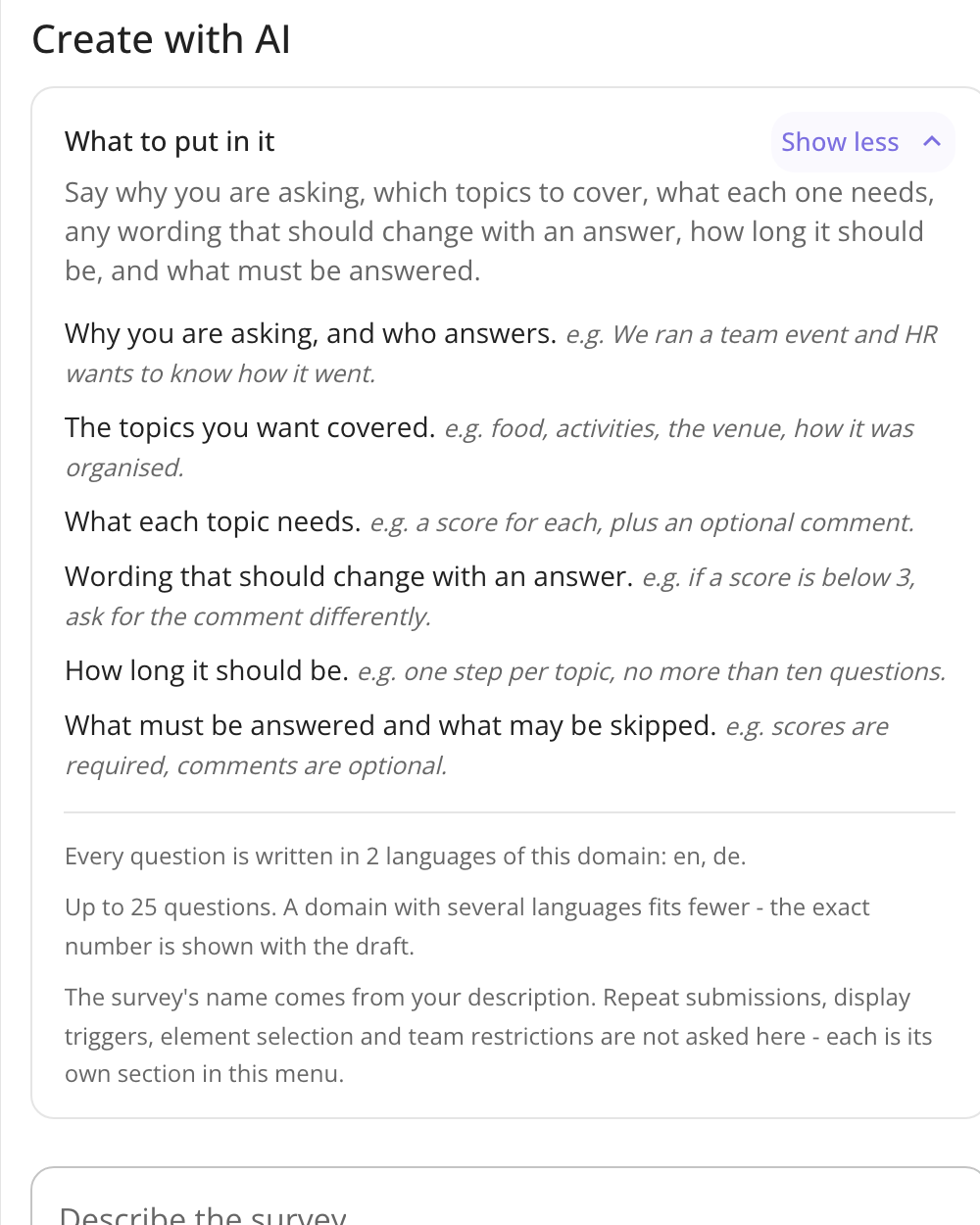 The Create with AI panel with its guide expanded, listing what to put in the description: why you are asking, the topics to cover, what each topic needs, wording that changes with an answer, how long it should be, and what must be answered