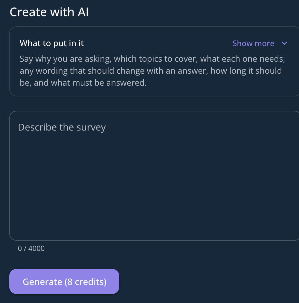 The Create with AI section of the survey editor: a short guide at the top, a description box, and a Generate button showing its cost in credits