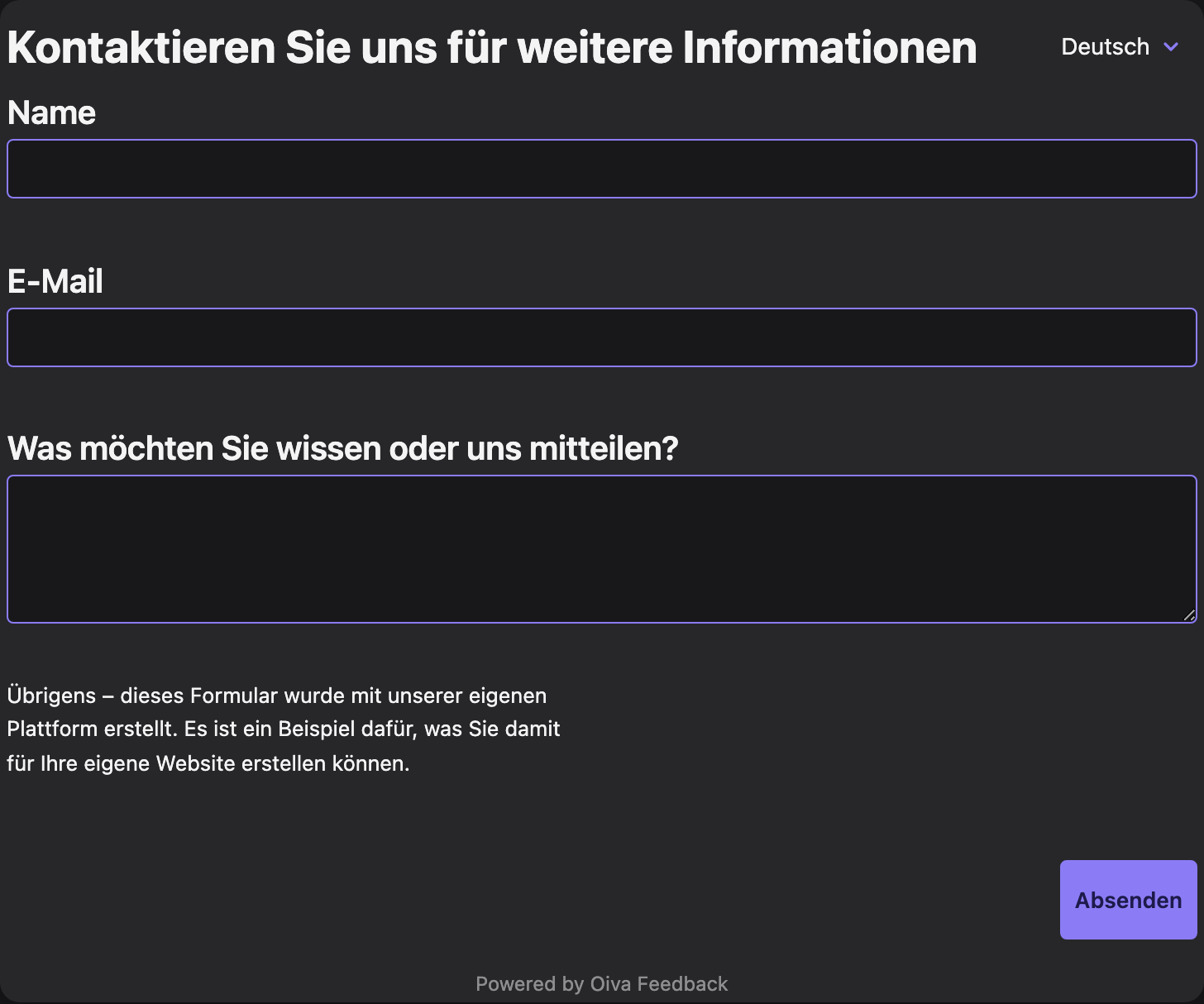 The same contact form rendered in German after the visitor switched language, with the picker reading Deutsch
