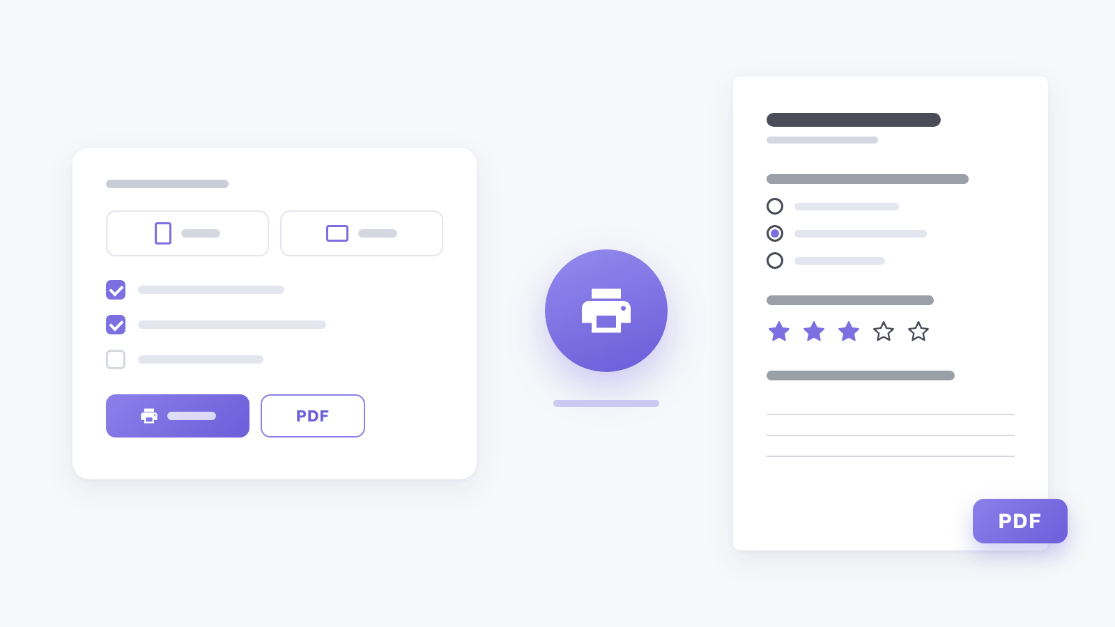 Una ventana de impresión con opciones de papel, orientación y contenido, un icono de impresora en el centro y una página de cuestionario impresa con círculos, estrellas y líneas para responder, marcada como PDF