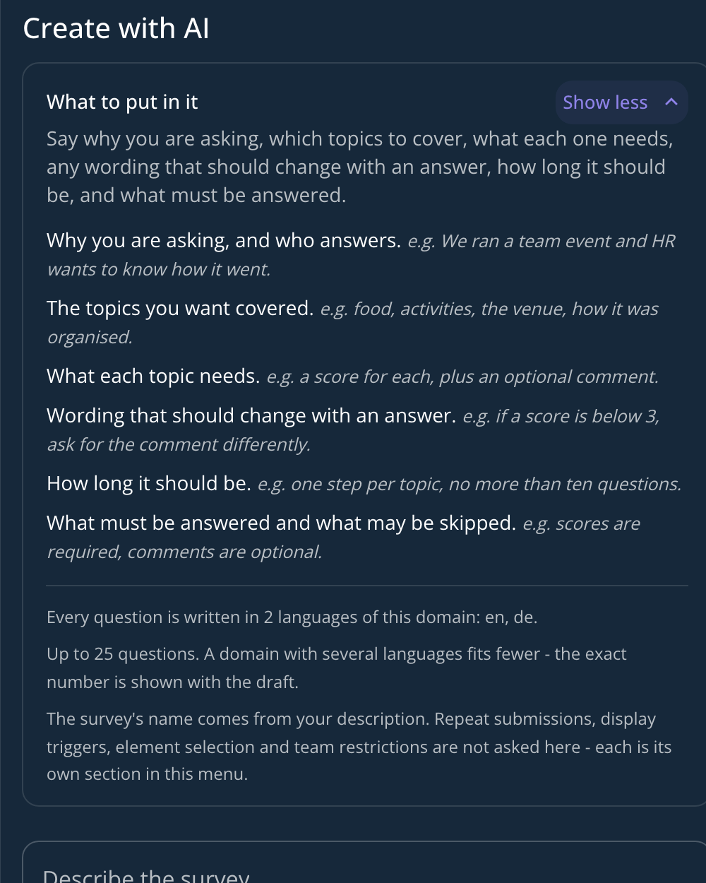 The guide expanded, listing six things to include in the description with an example for each, plus the domain's languages, the question limit, and what the panel deliberately does not ask for