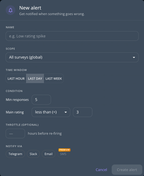 The New alert dialog showing name, scope, time window, condition, throttle, and notify-via fields