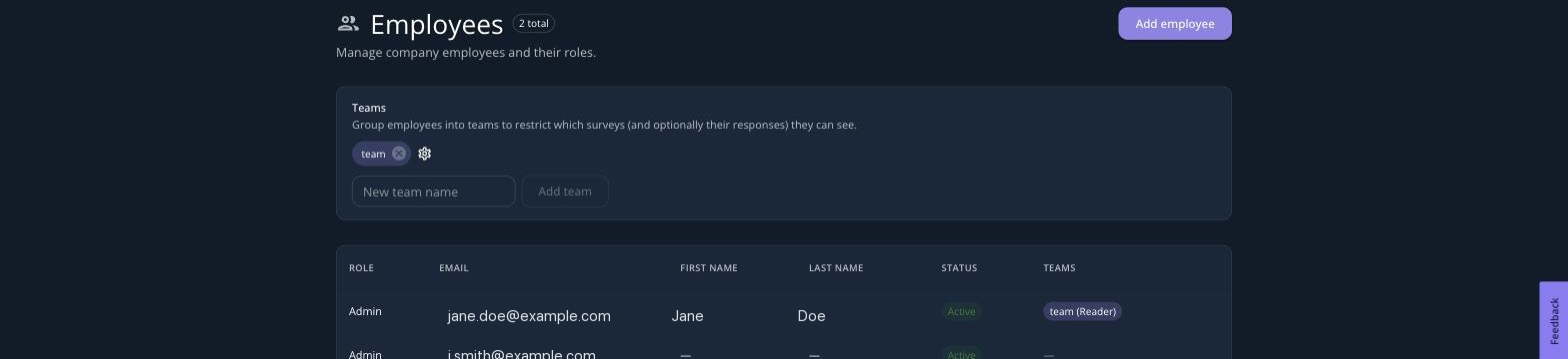 The Employees page listing team members with their role and status