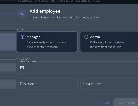 The invite dialog showing email, name, and role selection