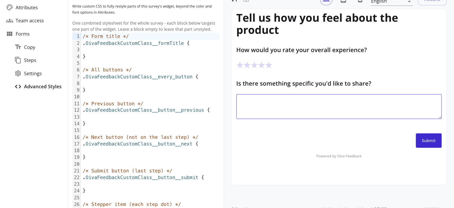 The Advanced Styles CSS editor open in the survey editor, with a live preview reacting to changes