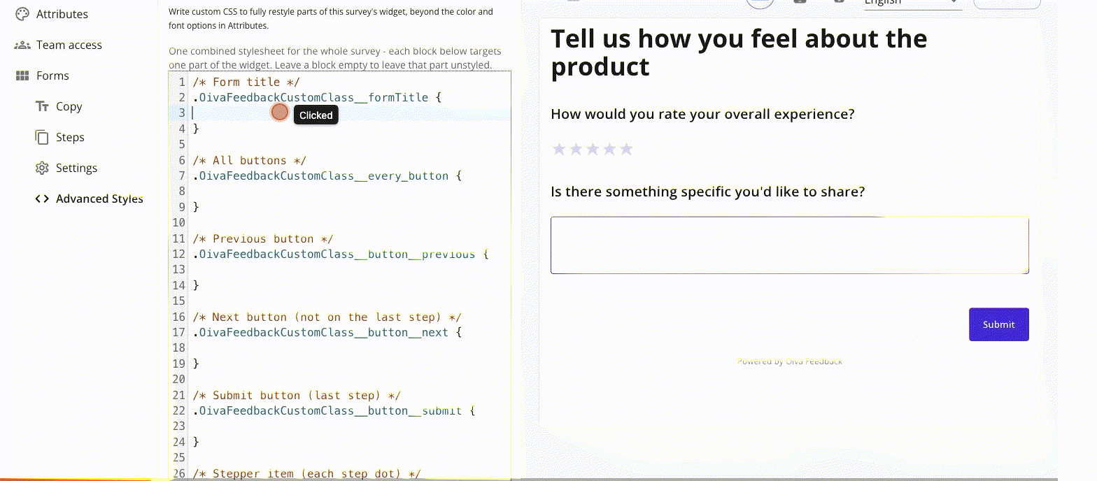 Typing a CSS rule in the Advanced Styles editor and watching the survey preview update live