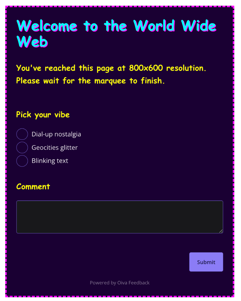 The Retro 90s example survey - a neon Comic Sans title, a dashed magenta border on a dark purple background, and a "Pick your vibe" radio question