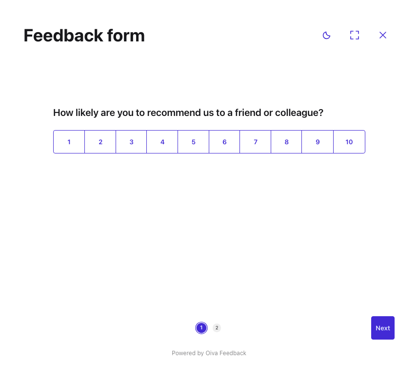 An on-site survey showing a single question with a 1-10 scale, a numbered step indicator, and theme, full screen and close buttons in its header