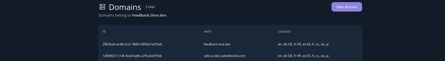 The Domains page listing two domains with their host and supported locales