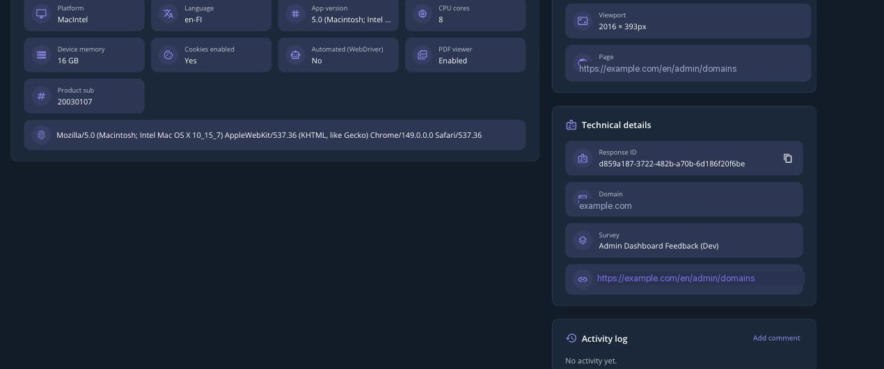 The bottom of the Feedback response detail page, showing Browser & device details, Technical details, and Activity log