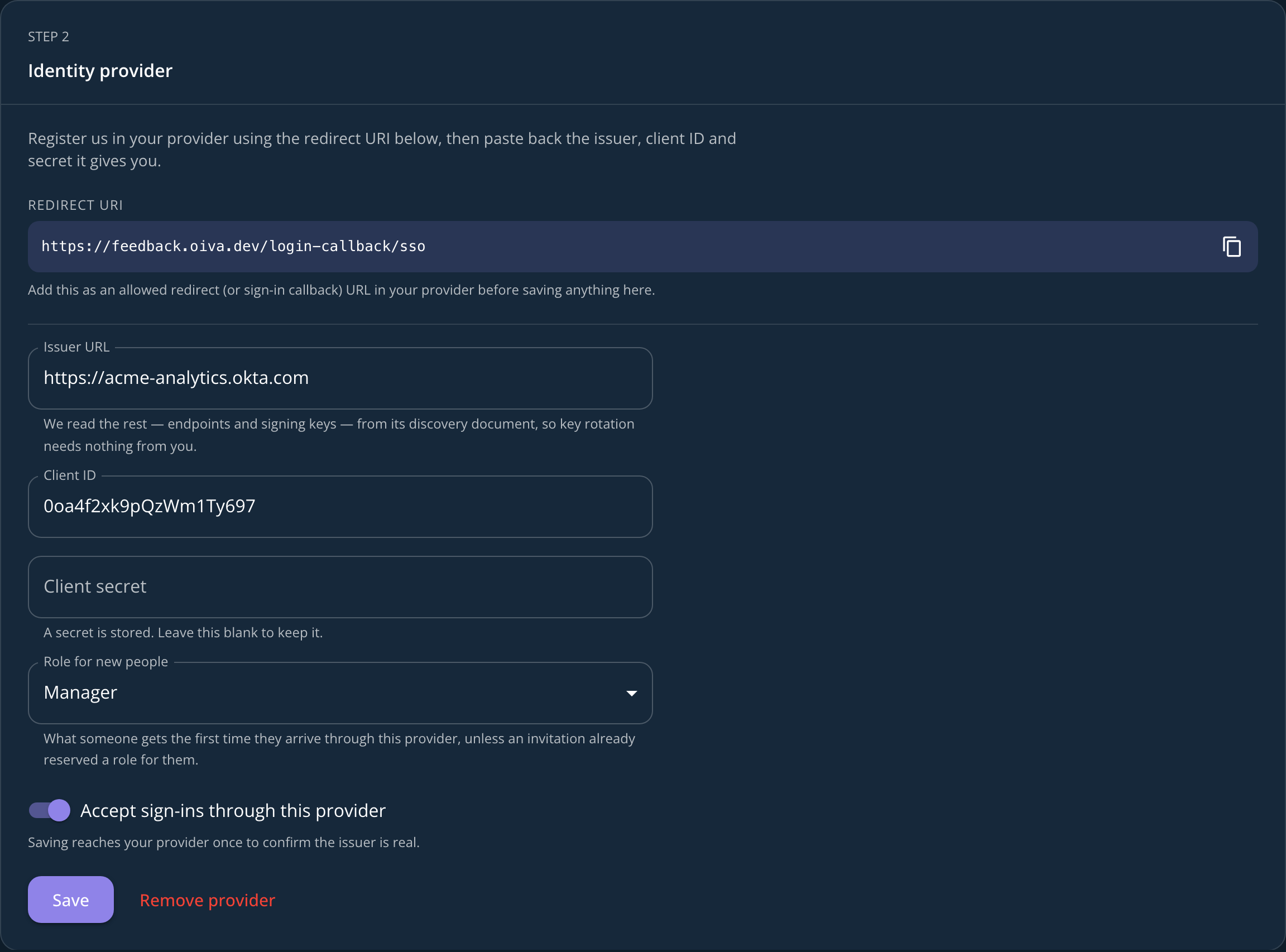 The identity provider step of the single sign-on setup, showing the redirect URI, issuer URL, client ID and the role given to new people
