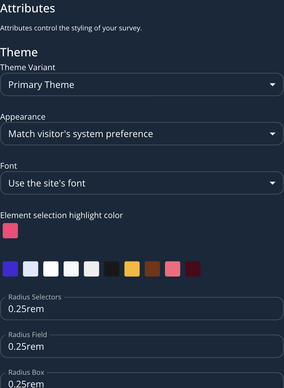 The Attributes tab showing Theme Variant, Appearance, Font, the element selection highlight color swatch, theme color swatches, and sizing token fields
