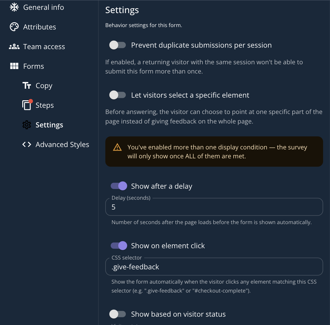 A warning banner in Settings noting that with more than one trigger enabled, the survey only shows once all of them are met