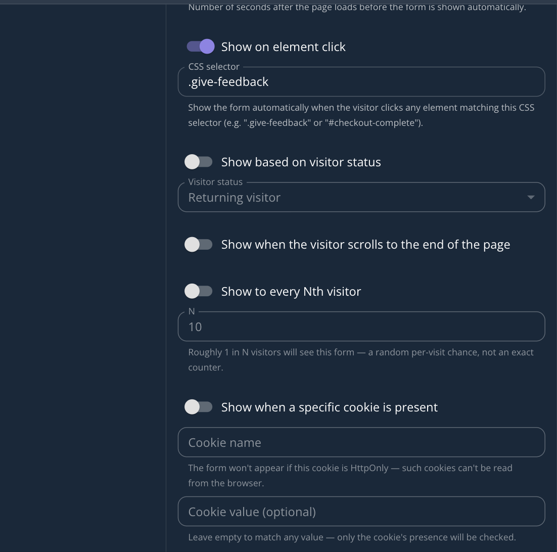 The Settings tab showing the four new trigger conditions: returning/leaving visitor, scroll to end of page, every Nth visitor, and cookie presence