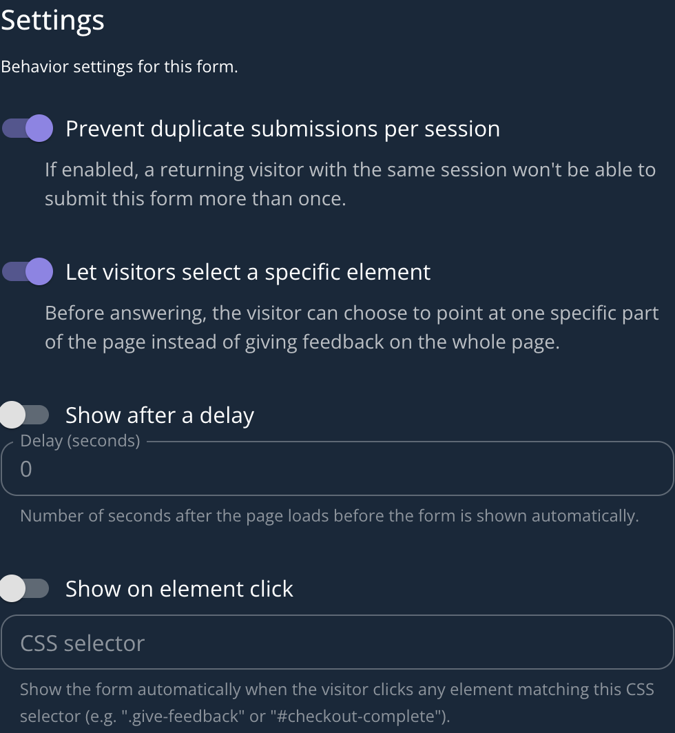 The Settings panel showing the duplicate-submission toggle, the element-selection toggle, delay trigger, and click trigger