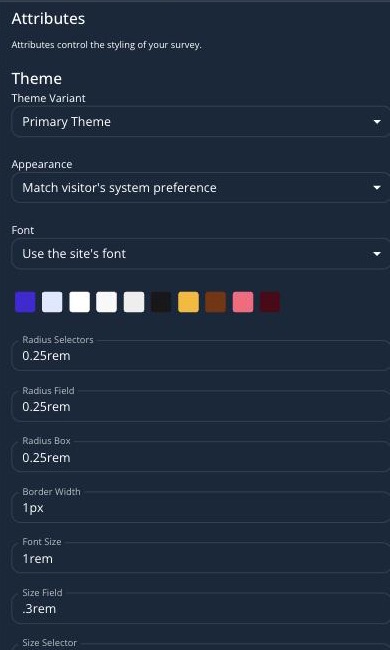 The Attributes tab's Theme section showing the theme variant, appearance, font, and color-role swatches