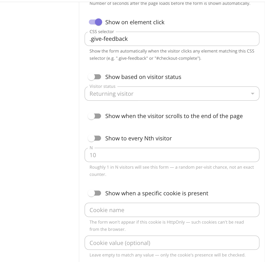 The Settings tab showing the four new trigger conditions: returning/leaving visitor, scroll to end of page, every Nth visitor, and cookie presence
